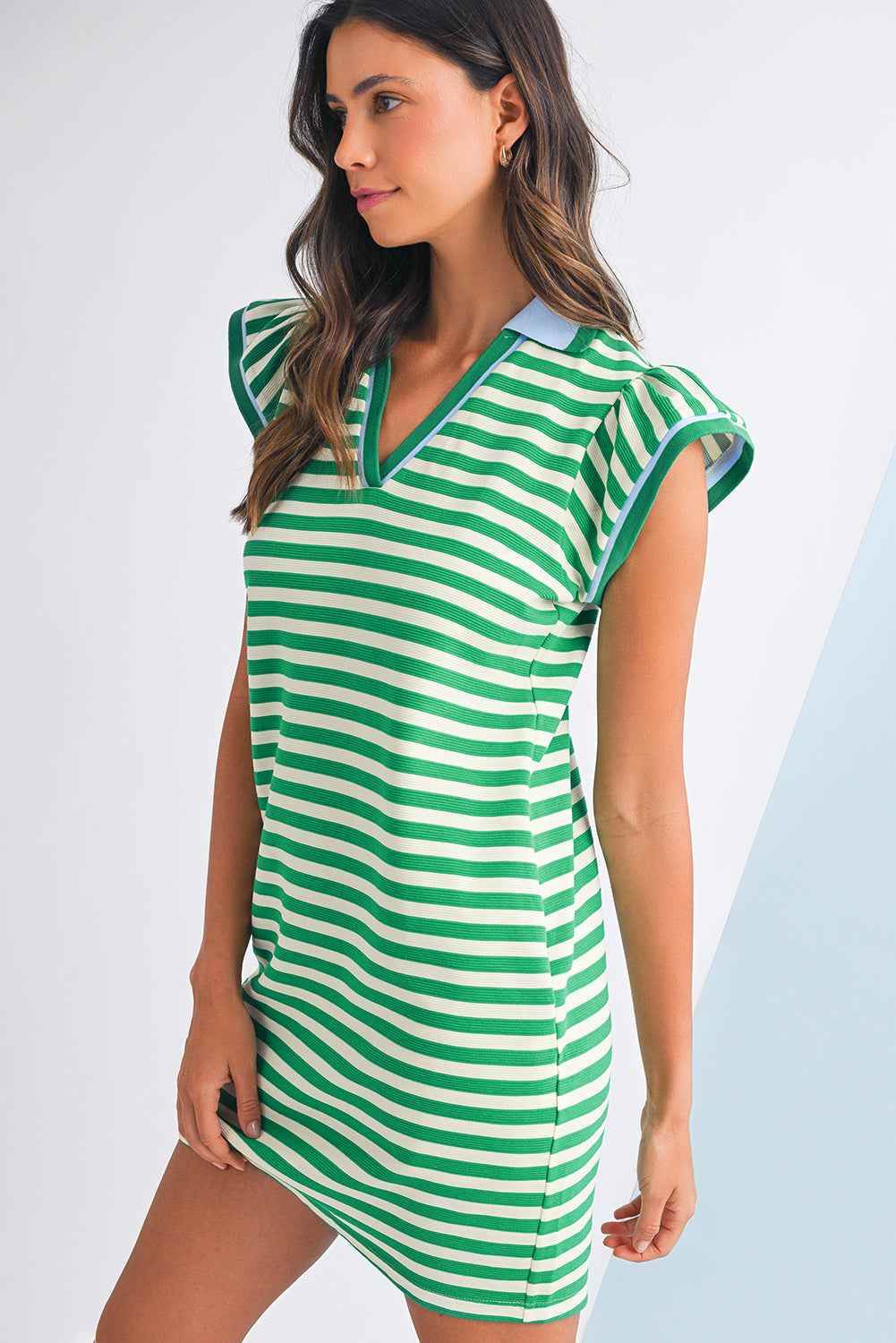 Dark Blue Striped Ruffle Short Sleeve Pop of Color Neckline Dress ad5decb7a4034f52