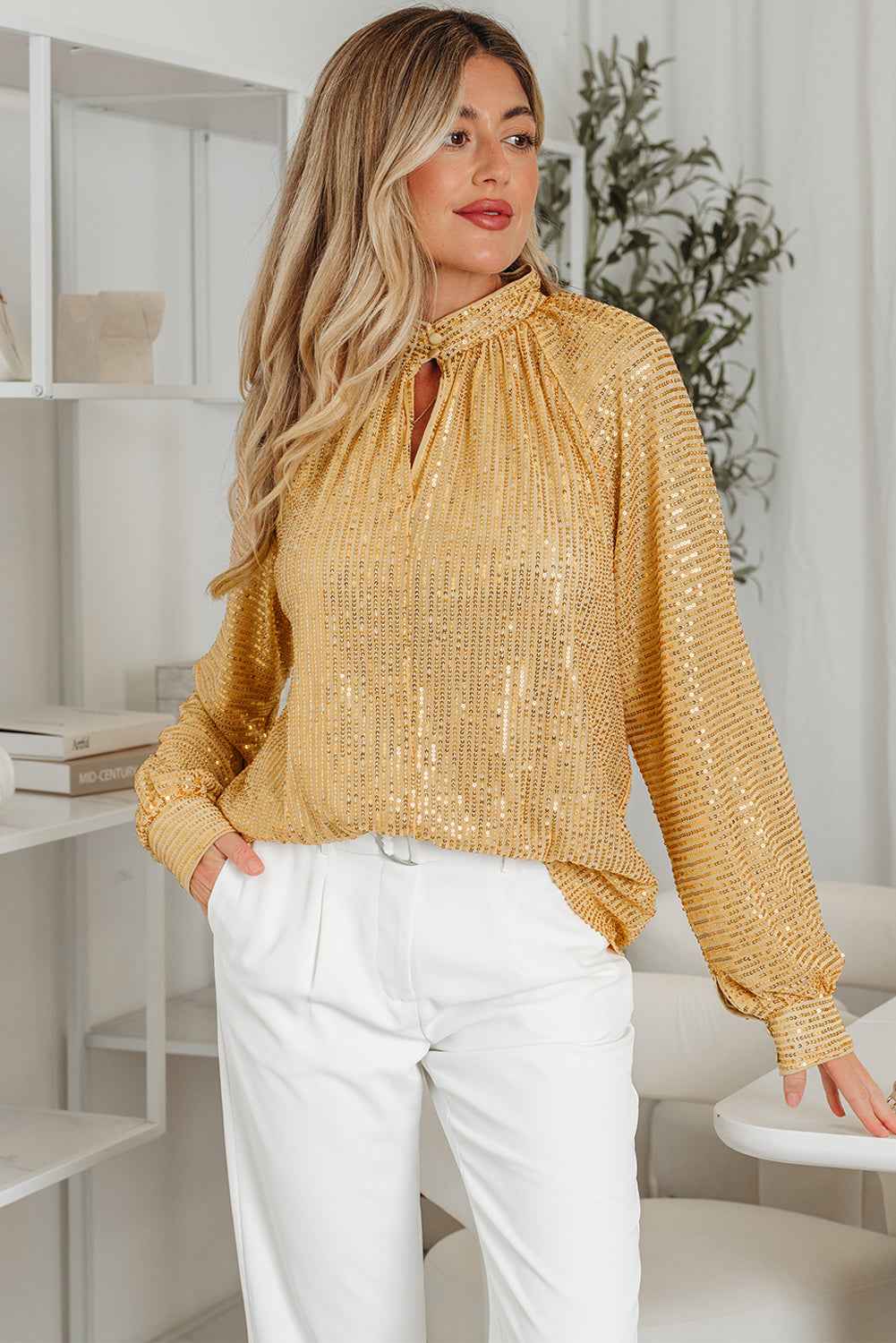 Gold Metallic Balloon Sleeve Buttoned High Neck Loose Blouse Gold Shell：95%Polyester+5%Elastane +Lining:100%Polyester ad5e08d922aba063
