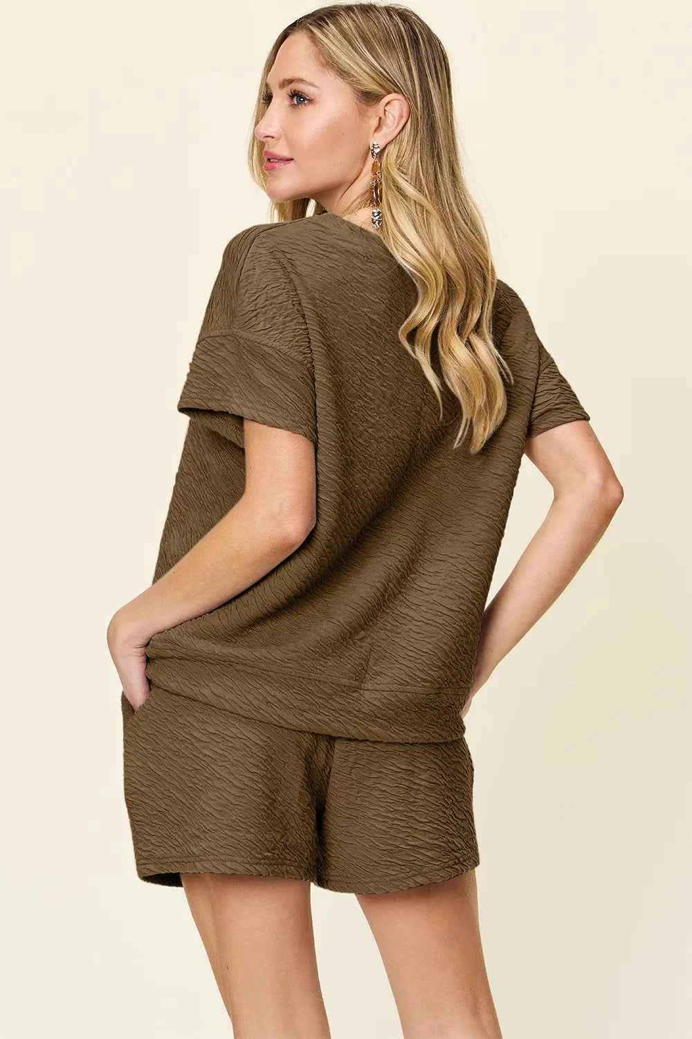 Double Take Full Size Texture Short Sleeve T-Shirt and Drawstring Shorts Set ad5e6490-d577-4bbe-aa86-87ad807bb749-Max