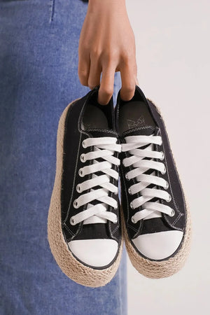 Beast Fashion Lace Up Woven Espadrille Sole Sneakers Black ad5f4791-92ce-48fa-83b4-e38f2135d8c6-Max