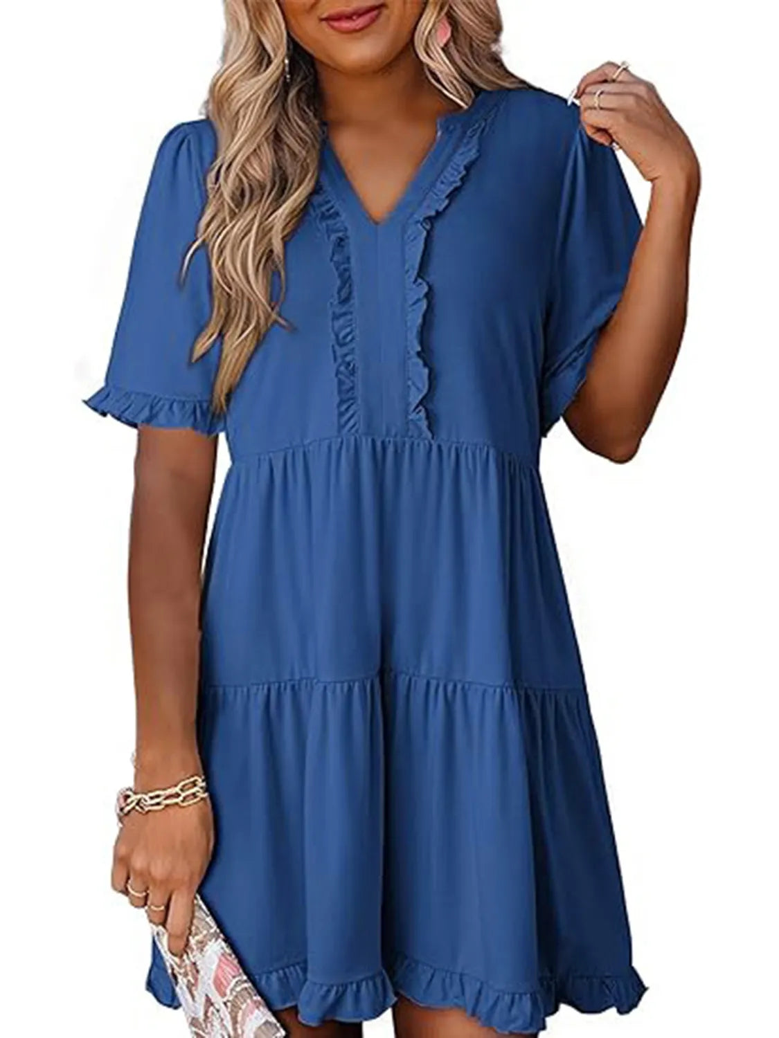 Tiered Notched Short Sleeve Mini Dress Royal Blue ad5fffcf-7a50-4e92-a7bc-ecaa886effda-Max-Origin