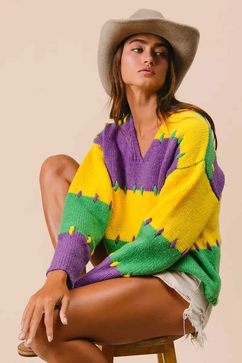 BiBi Stitch Detail Mardi Gras Stripes Sweater ad6250545b9346e8af493ad7fb056ced-Max-Origin