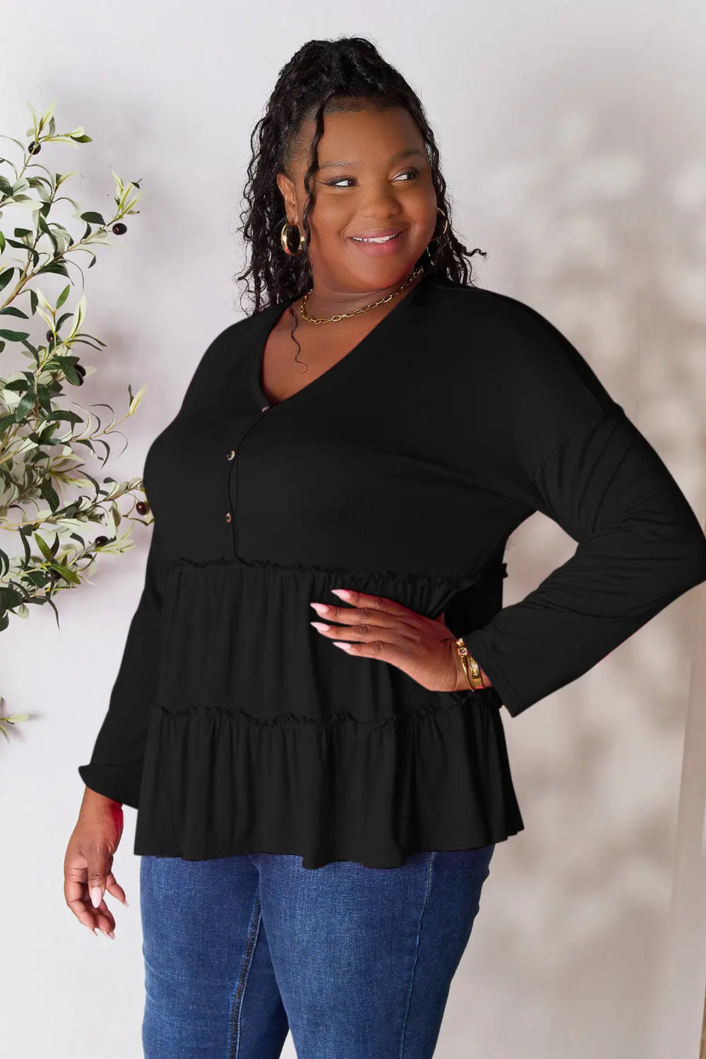 Double Take Half Button Long Sleeve Ruffle Hem Blouse ad63cff946194fdaa95cde984e012a33-Max