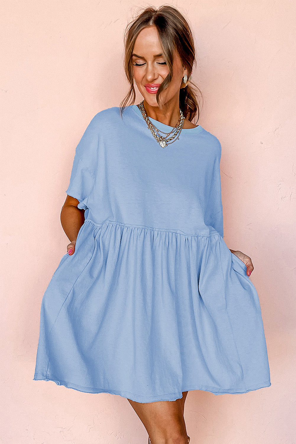 Light Pink Solid Color Pocket Raw Edge Babydoll Dress ad6400bfc249c1fd