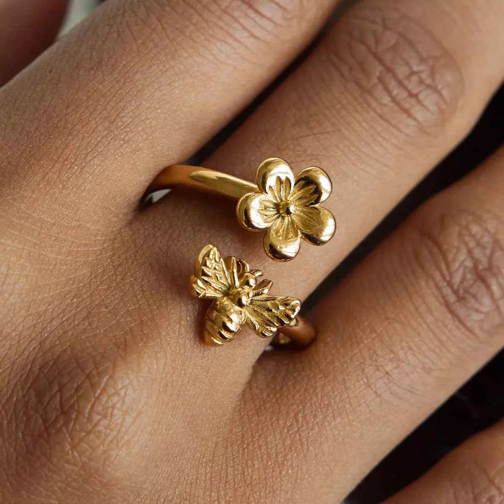 18K Gold-Plated Flower Bee Open Ring ad655195-9d08-4f4f-b83c-371c51a2439f-Max-Origin