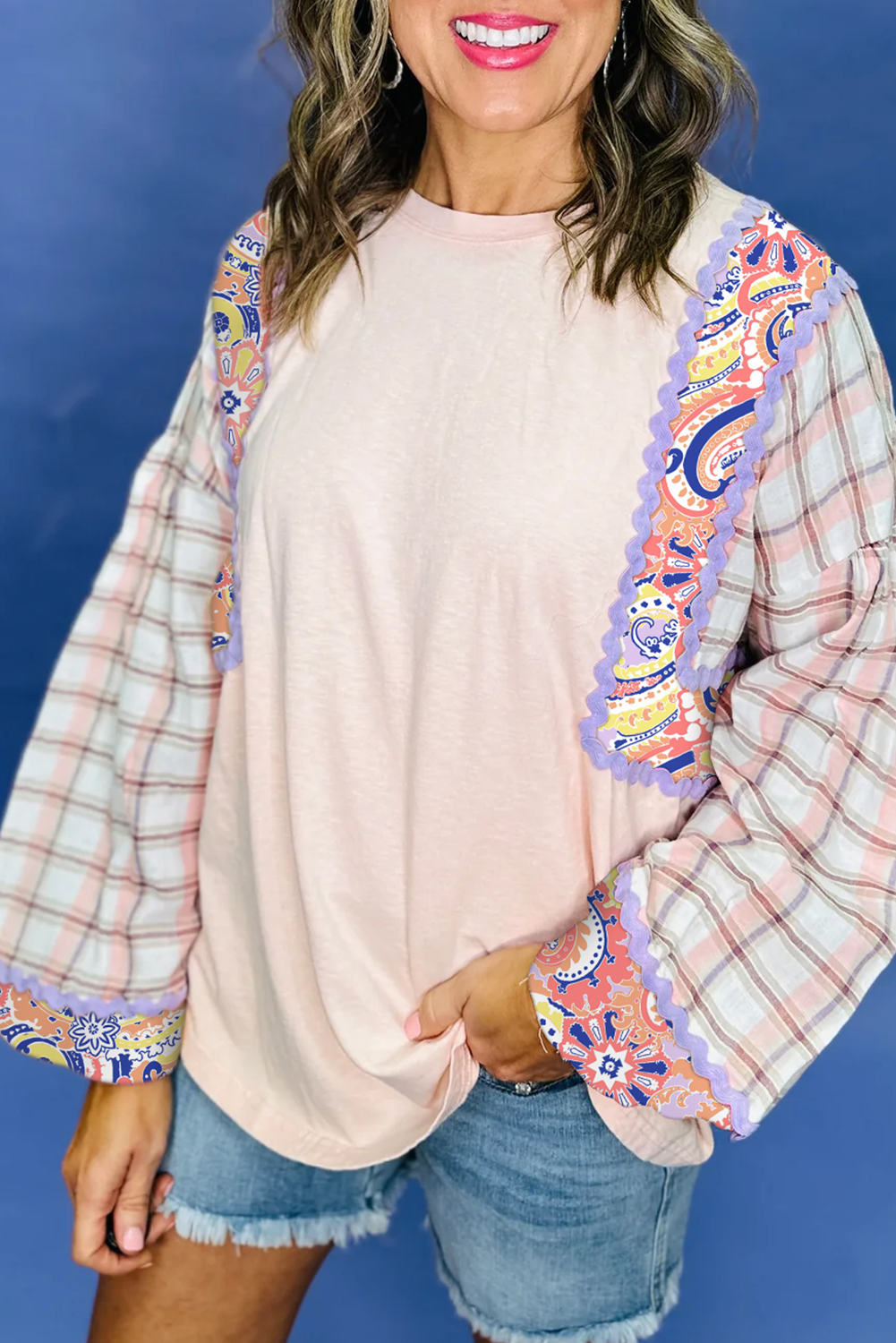 Delicacy Ricrac Trim Floral Plaid Patchwork Puff Sleeve Top ad68c4de8982311b