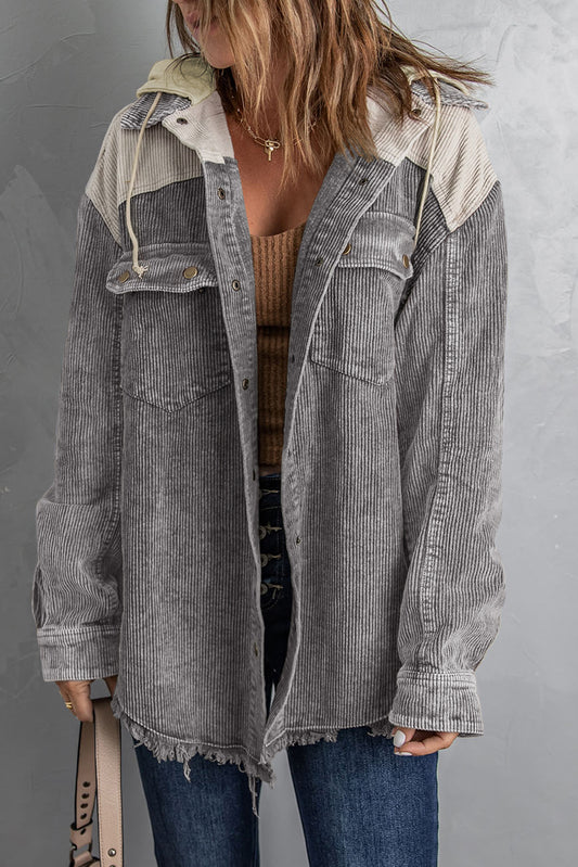 Gray Color Block Button Down Hooded Corduroy Jacket ad6c121e4ff0e770