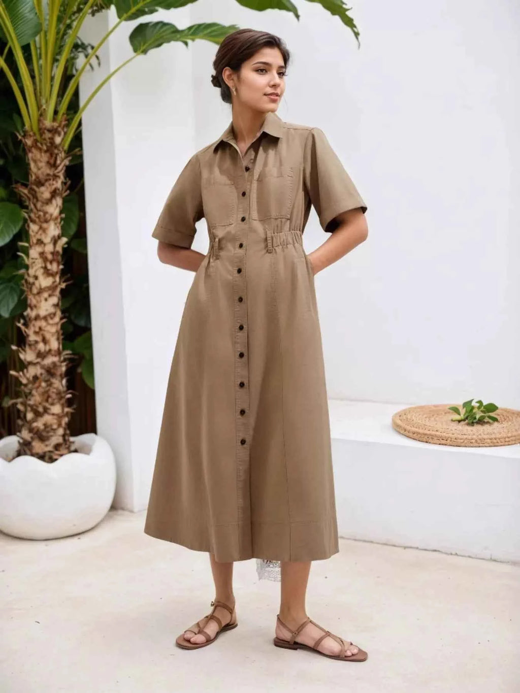 Button Front Short Sleeve Shirt Dress Khaki ad7a26c54dfc4400a3f29995c03c8867-Max-Origin