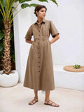 Button Front Short Sleeve Shirt Dress Khaki ad7a26c54dfc4400a3f29995c03c8867-Max-Origin