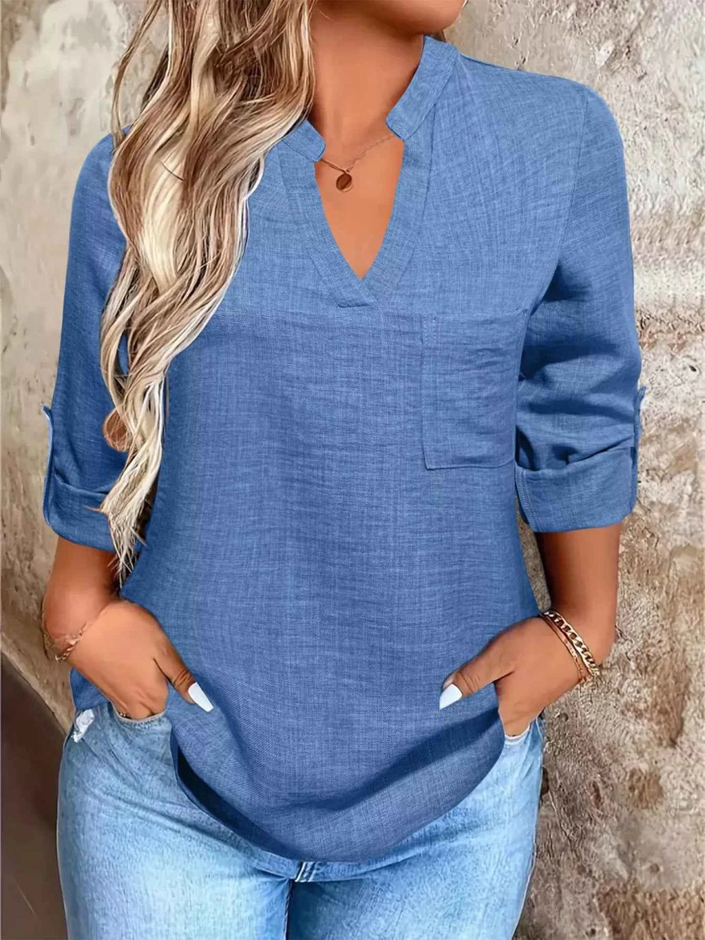 Casual Notched Roll-Up Sleeve Blouse ad7d9f6f-c427-4f9c-b9cc-15eb9ee58a8e-Max-Origin