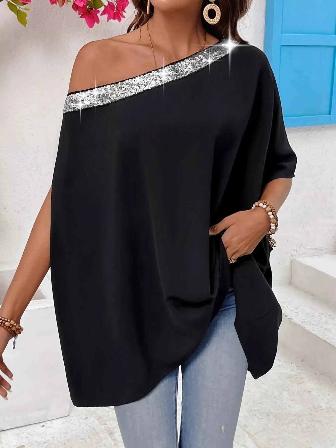 Sequined One Shoulder Batwing Sleeve Blouse ad7e5dbc20324221b4ac7f0812d02963-Max-Origin