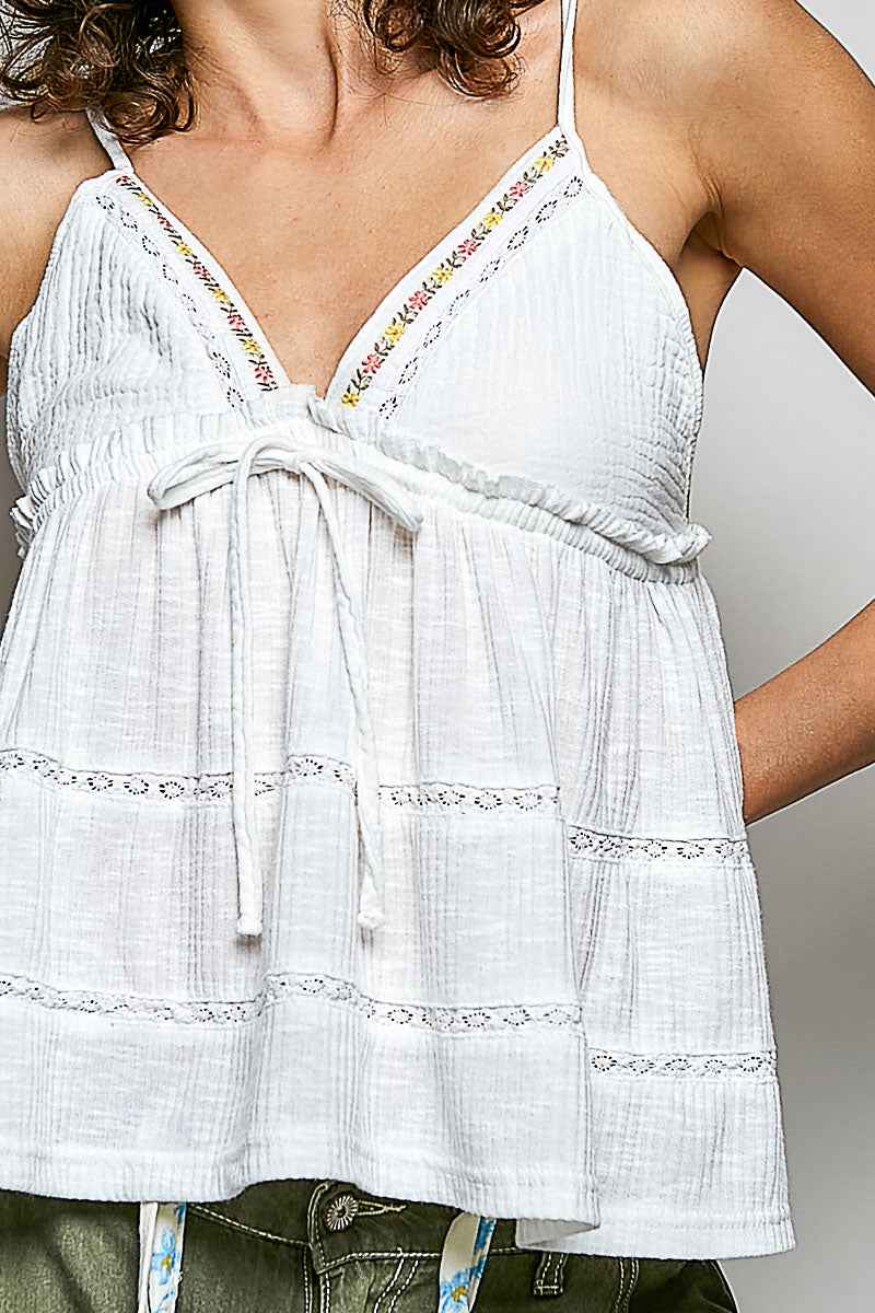 POL V-Neck Embroidered Trim Ruffled Cami ad7f0ff3-ee77-455e-9c9c-7c0b90866fef-Max