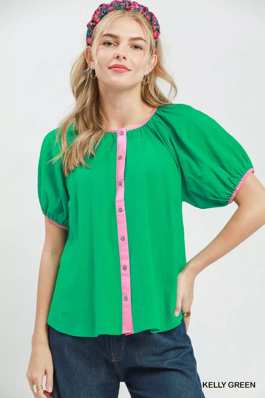 Contrast Trim Button Front Puff Sleeve Blouse KELLY GREEN ad7f86b7-ad47-49c8-8dfb-5fdf1b9cc6ca-Max-Origin