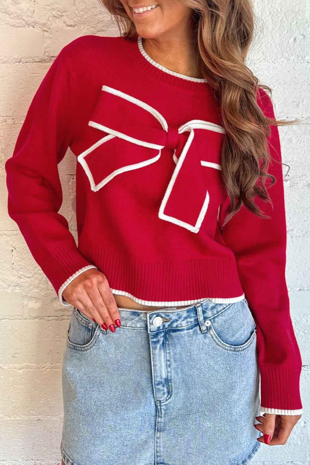 Black Contrast Trim Big Bow Accent Cropped Sweater Fiery Red 52%Viscose+26%Polyester+22%Polyamide ad82ba99e9473168