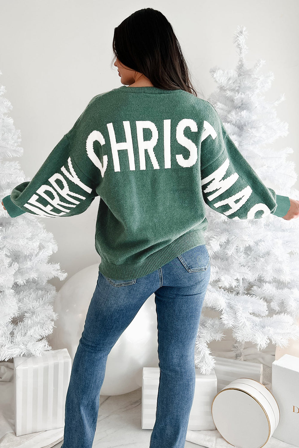 Blackish Green MERRY CHRISTMAS HO HO HO Drop Shoulder Loose Sweater ad8402d9a0ac415c