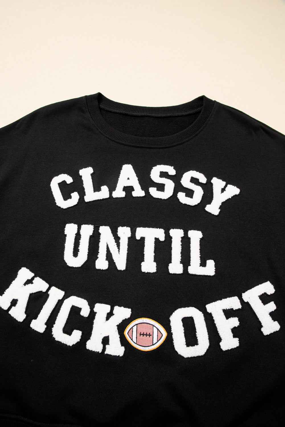 Black CLASSY UNTIL KICKOFF Plush Letter Patched Loose Sweatshirt ad88aa85b9f59d8f