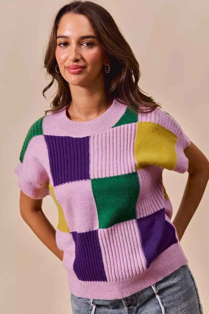 SO ME Mardi Gras Check Plaid Casual Sweater Top LAVENDER ad897d16883048b6a6097e0a8bf3003f-Max-Origin