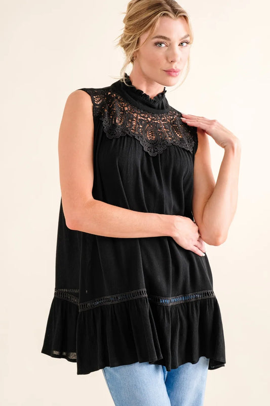 Lace Detail Sleeveless Ruffled Top - 100% Rayon Opaque ad8ce0d2-addf-424b-86d5-0d2af1d0b9c1-Max