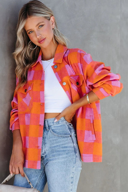 Orange Plaid Chest Pockets Button-up Turn Down Collar Jacket ad8f222f895e15b6