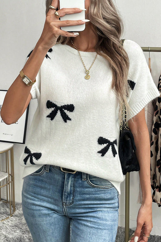 Black Bow Pattern Short Sleeve Knit Top Black 52%Viscose+26%Polyester+22%Polyamide ad8f41a9007ecbbf