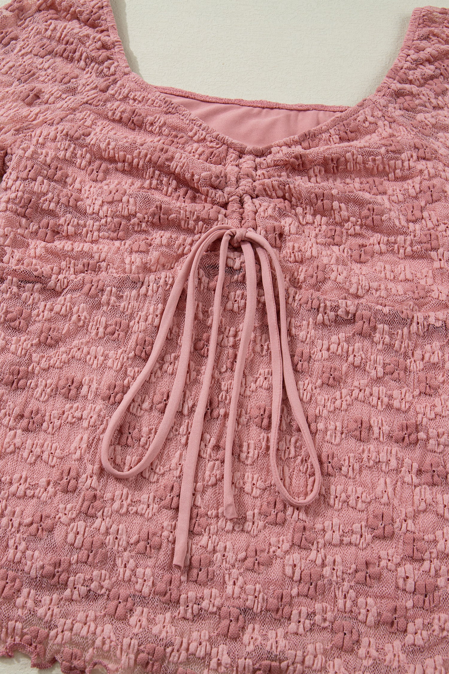 Peach Blossom Drawstring Knot Detail Floral Lace Blouse ad92754c94a05639