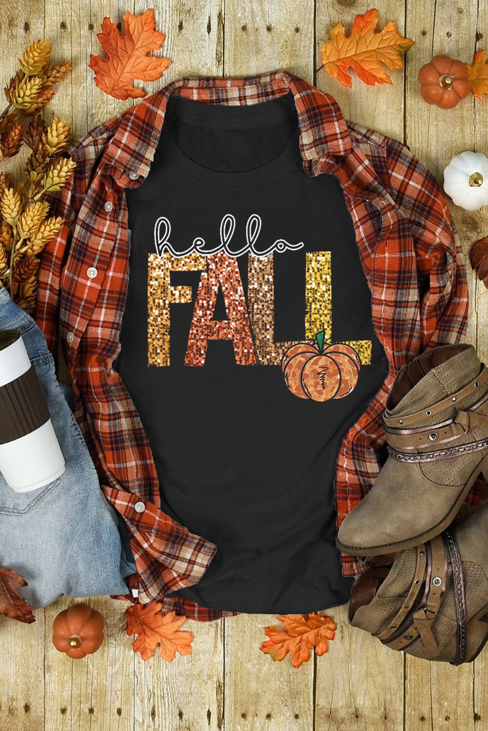 Black Hello Fall Letter Pumpkin Heat Transfer Printing T Shirt ada11cffffa5f19f