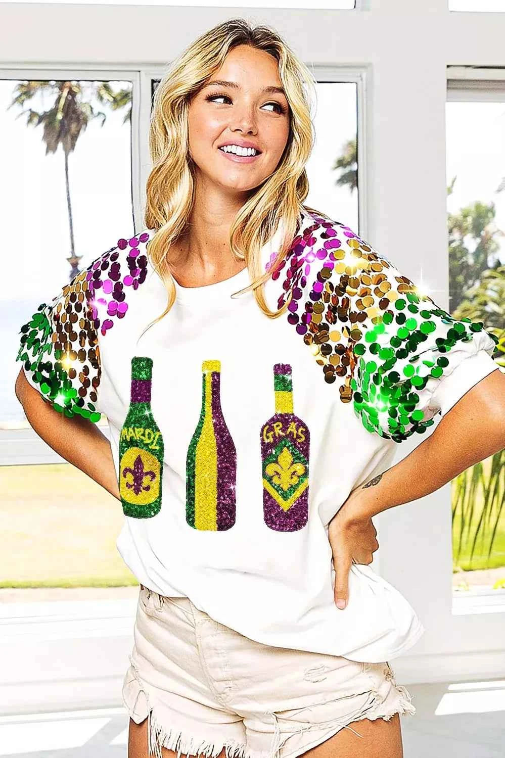 BiBi Sequin Mardi Gras Bottles Spangled Sleeve Top ada349ecd02b47b690c3e4a2c2425f93-Max-Origin
