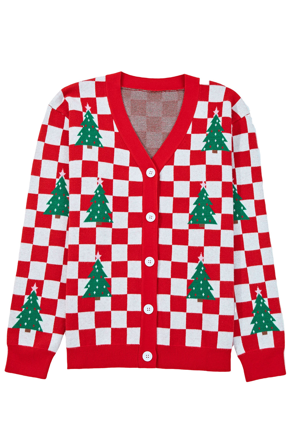 Red Checkered Christmas Tree Pattern Button V Neck Knit Cardigan ada49b652ee55292