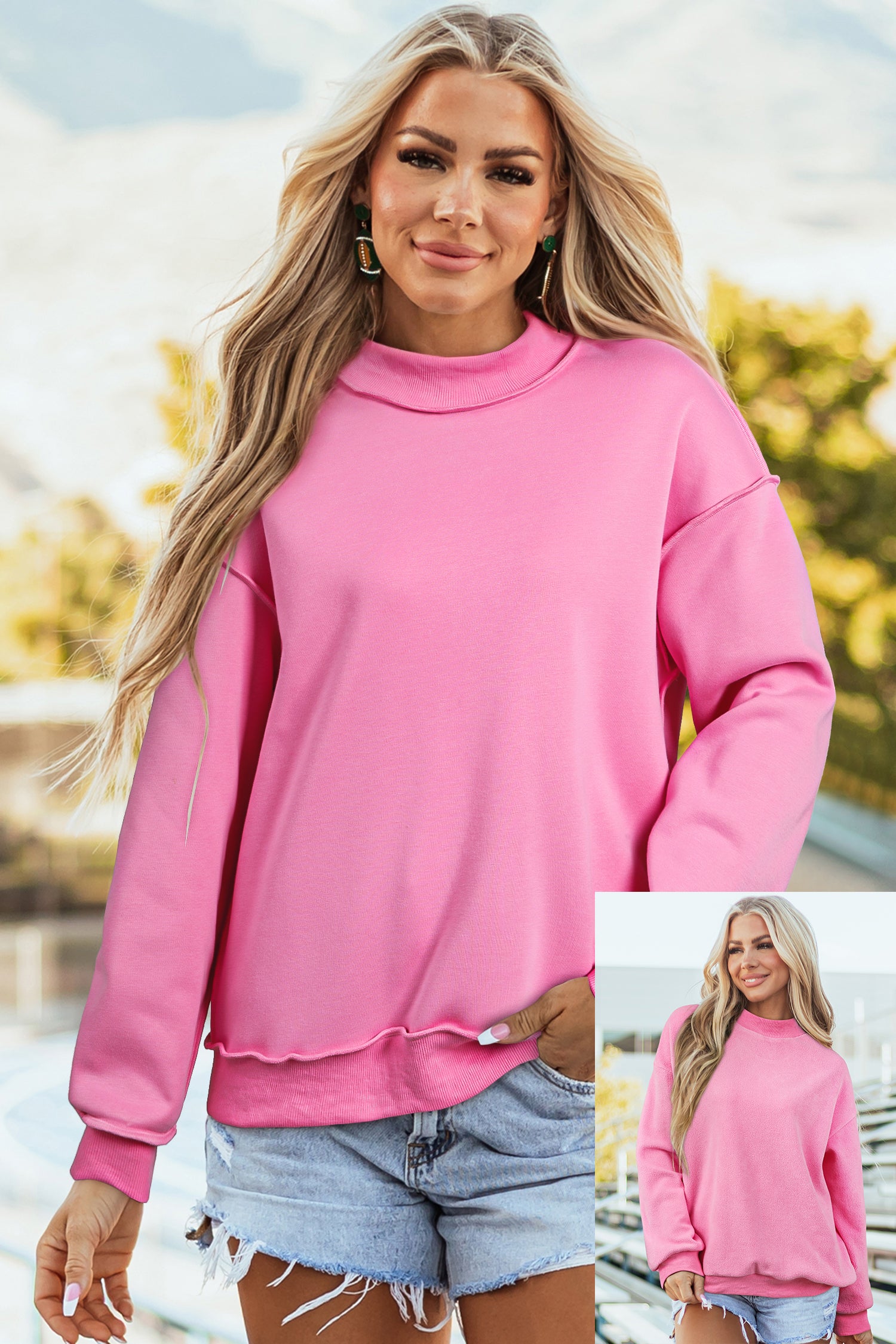 Tillandsia Purple Oversize Drop Shoulder Reversible Mock Neck Sweatshirt Bright Pink 65%Polyester+35%Cotton ada4a2965f27707c