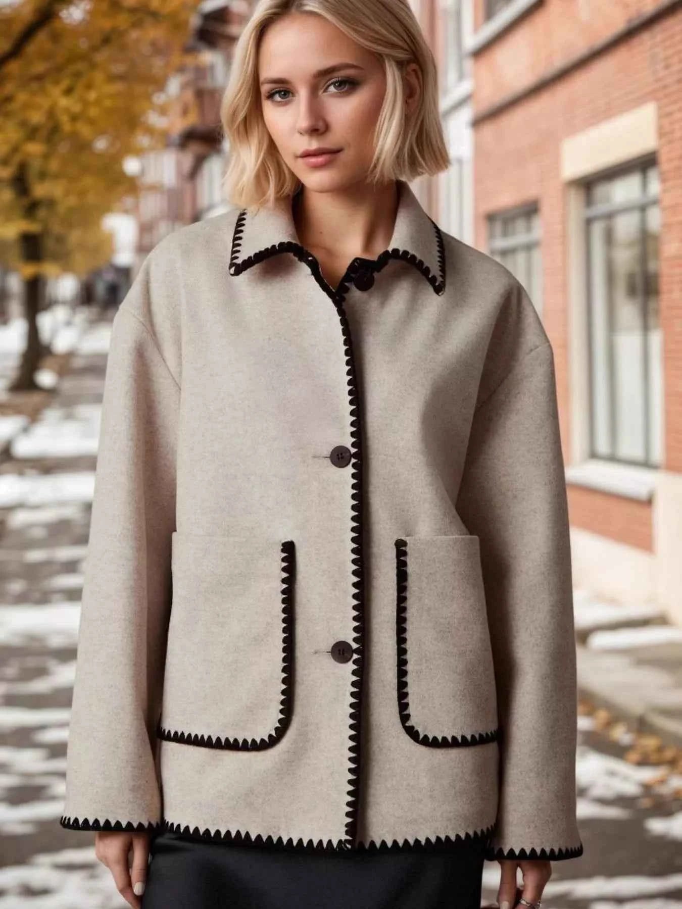 Contrast Trim Drop Shoulder Outerwear Khaki ada4b585c34e46cebe9883cf029d9ae0-Max-Origin