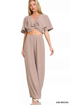 Zenana Woven Airflow Twisted Top & Wide Leg Pants Set ASH MOCHA ada79896c1e34c1a920c875bab59cede-Max-Origin