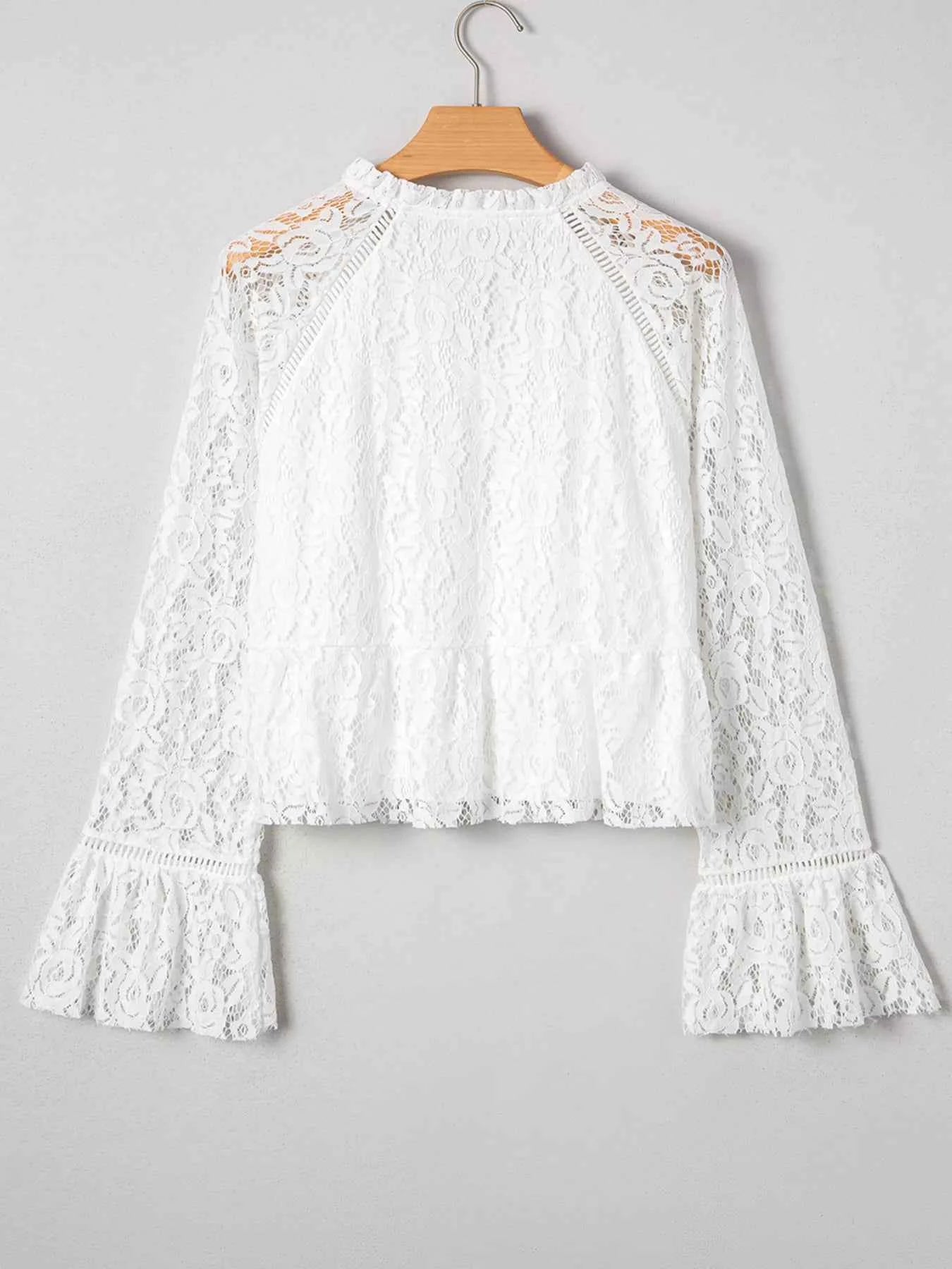 Tie Neck Lace Ruffle Detail Long Sleeve Blouse adab403e22db4041857daf44c36060b4-Max-Origin