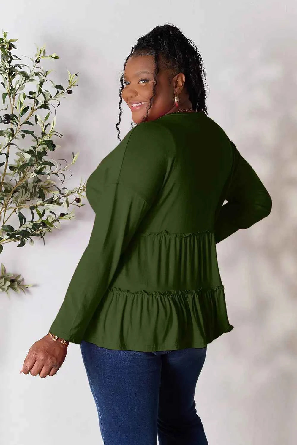 Double Take Half Button Long Sleeve Ruffle Hem Blouse adb43c5c3e1f4a1d9c2117650213762b-Max