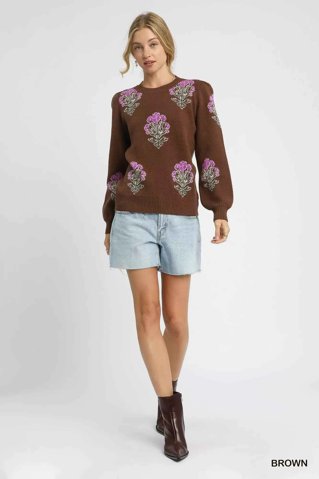 Umgee Single Flower Stem Jacquard Sweater adb723ff-3496-4b89-8a2b-c4e4e6fa968d-Max-Origin