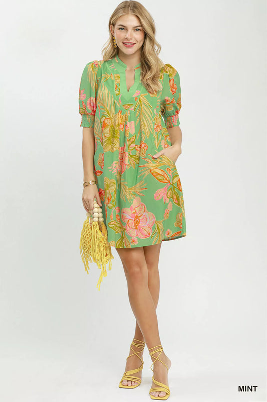 Botanical Print Dress with Smocked Cuffs adbc424c-ad85-42f5-9d46-6708022b8685-Max-Origin