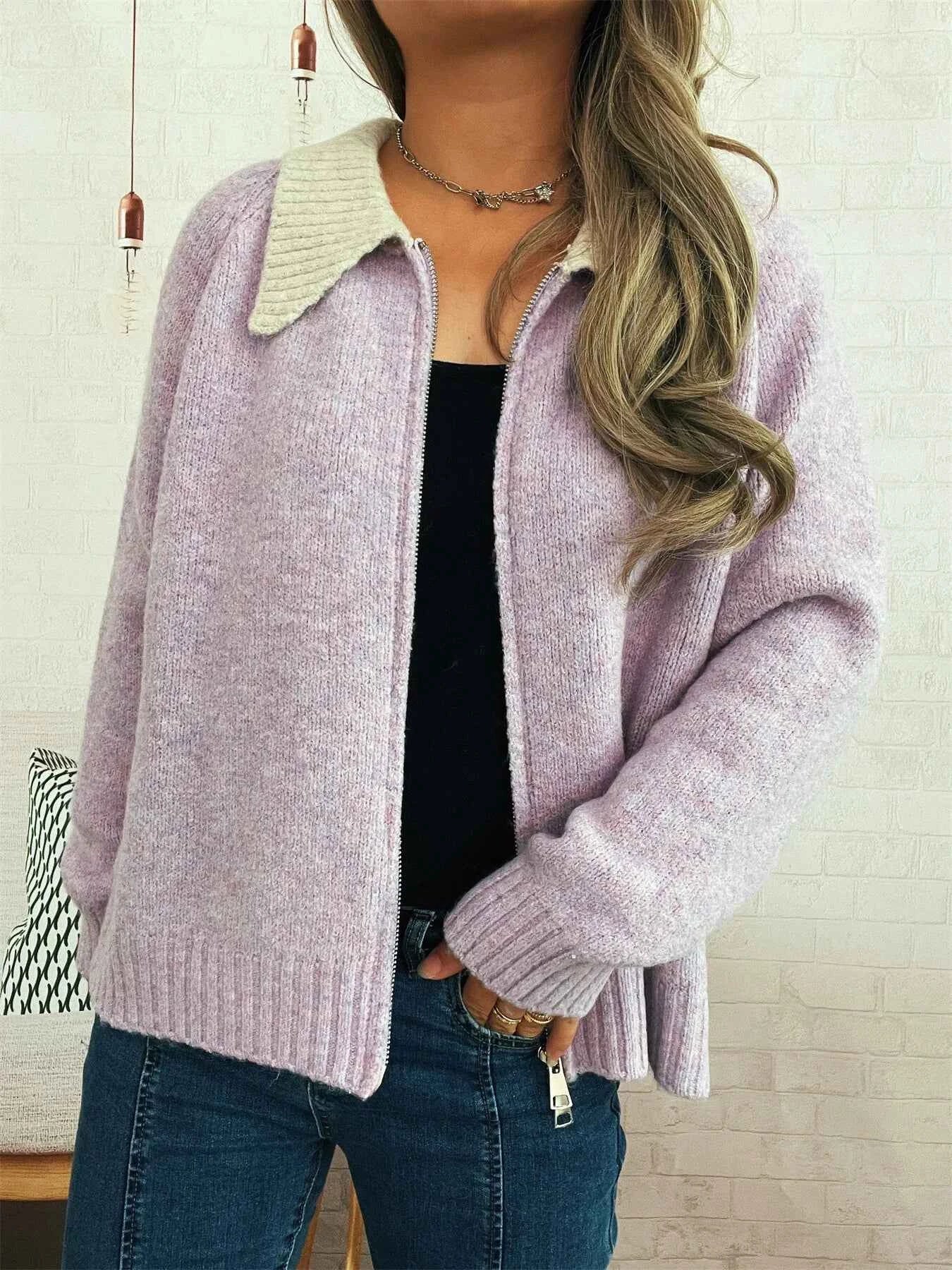 Contrast Collar Zip-Up Cardigan Purple One Size adbd1cce367c41f6bf65e4cb66914615-Max-Origin