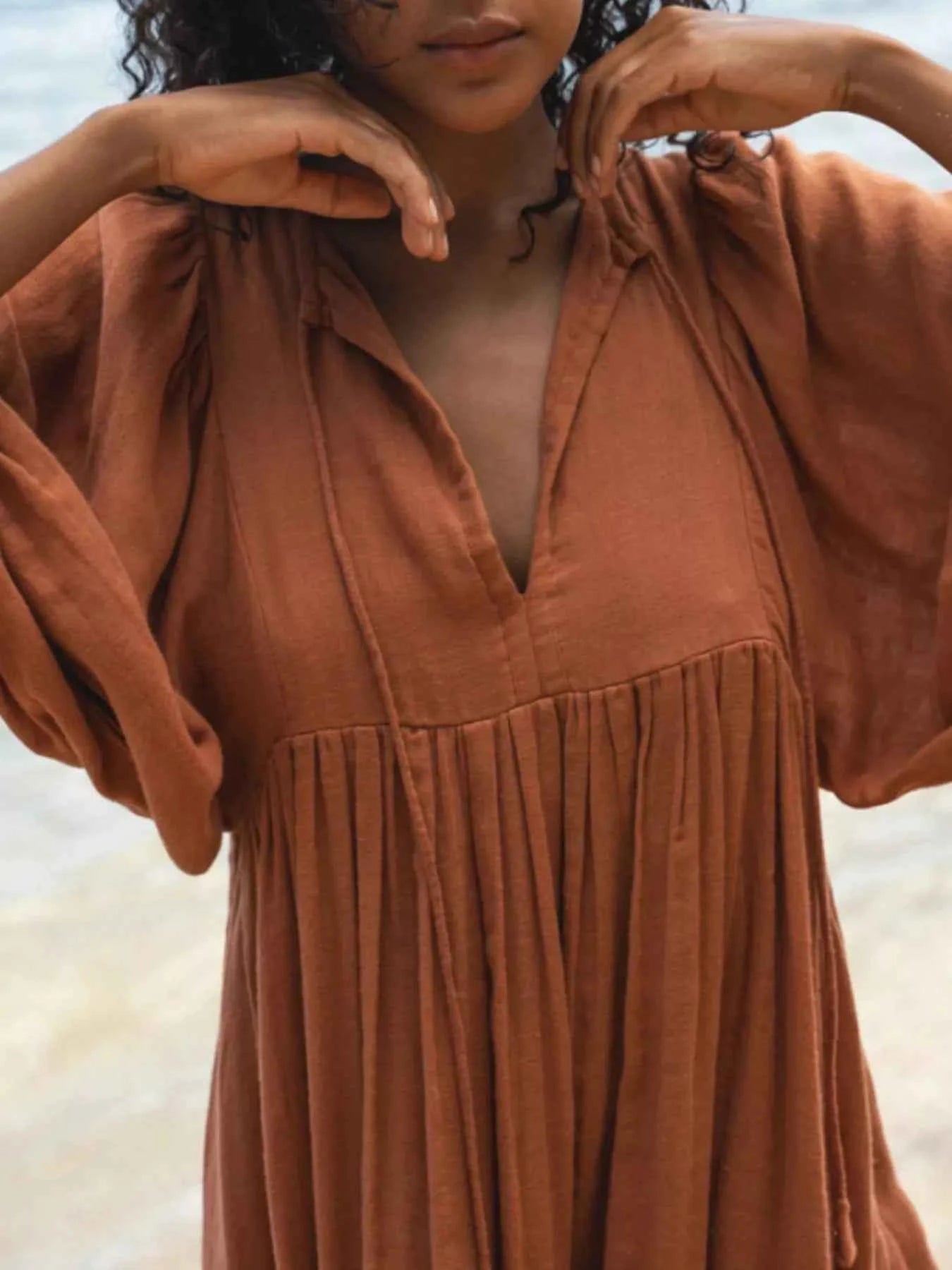 Tie Neck 3/4 Sleeve Midi Dress Amber adbd6a8f-6c89-4346-87e6-95169b2ef371-Max-Origin