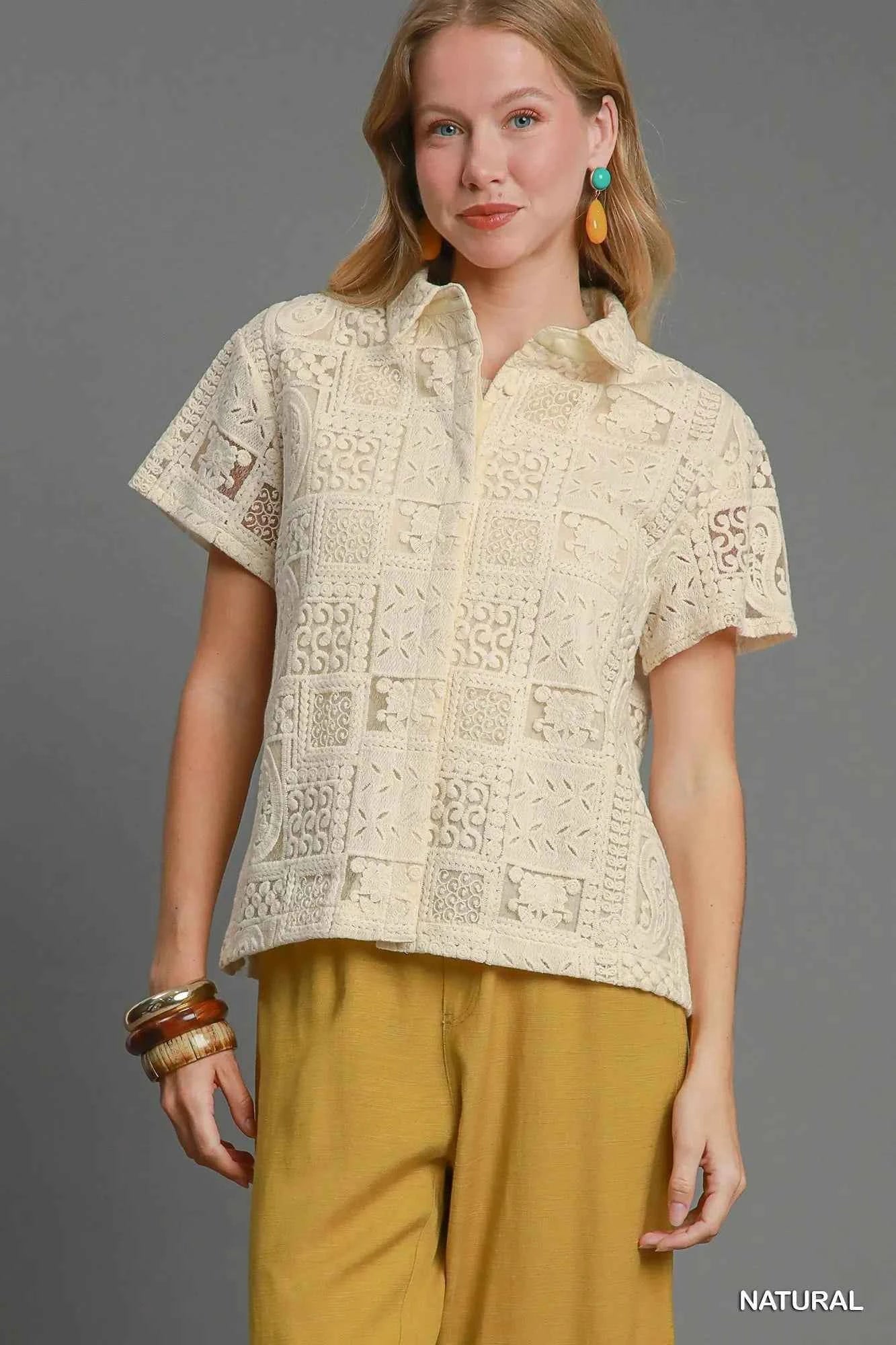 Umgee Patch Lace Short Sleeve Button Down Shirt