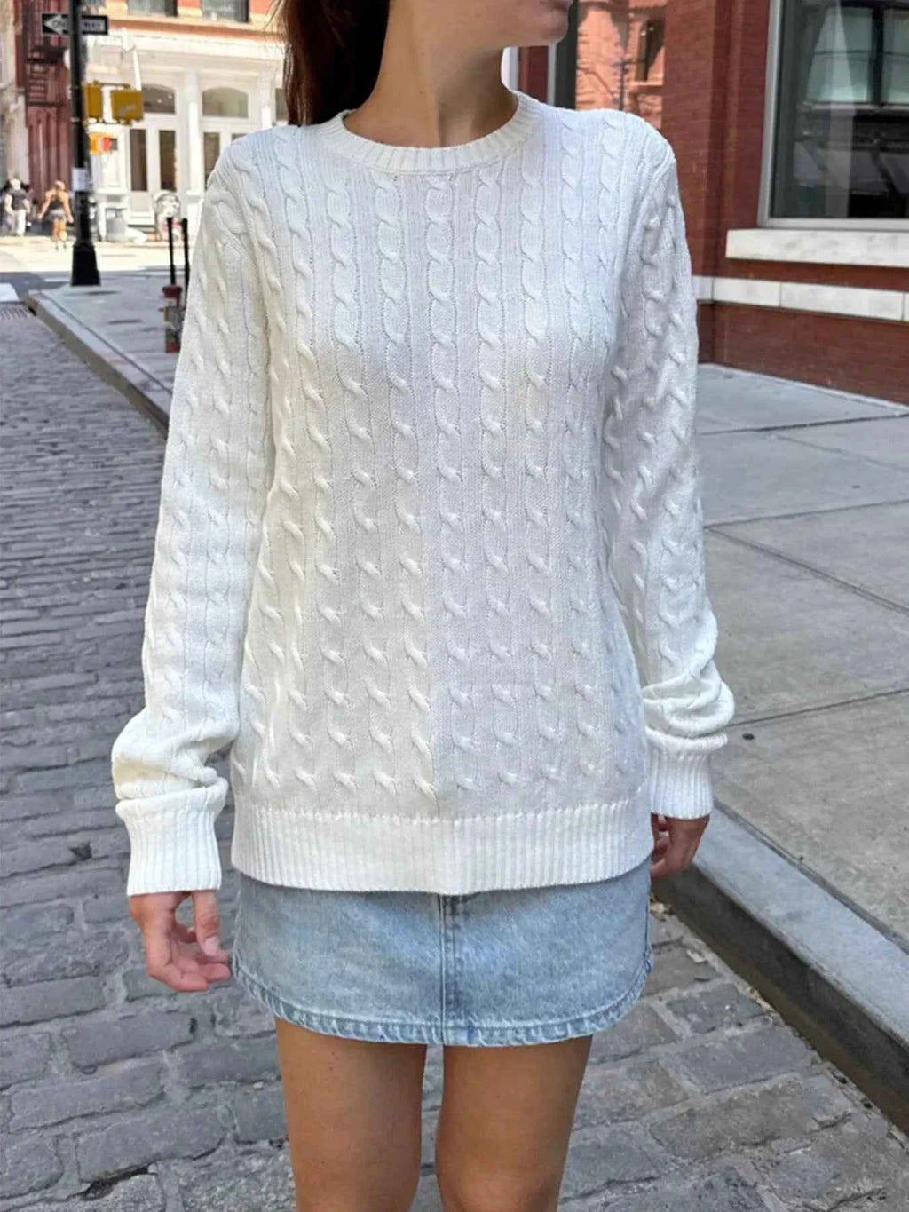 Cable-Knit Round Neck Pullover Sweater White adbf92220b894d5ba532770a96243cef-Max-Origin