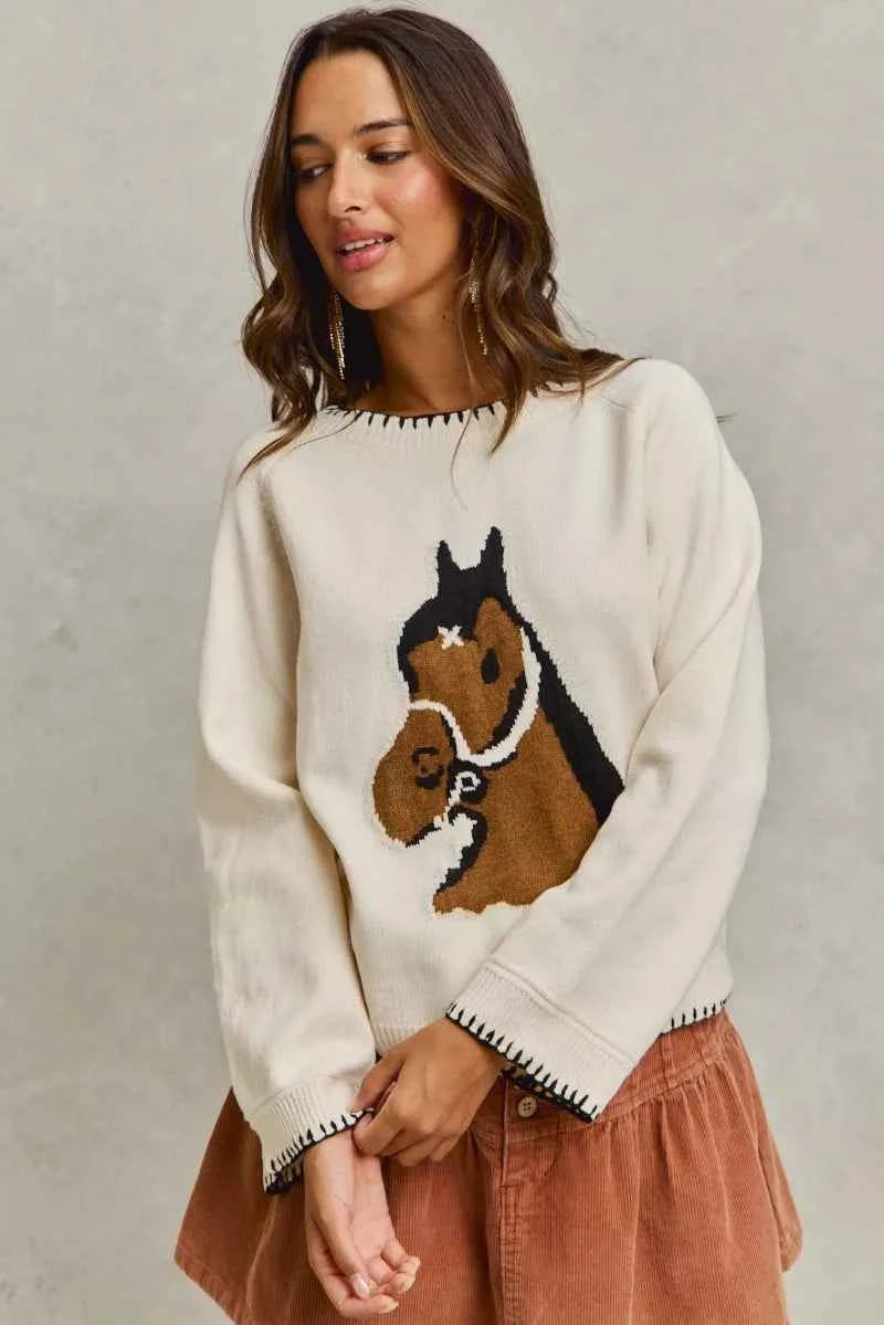 SO ME Horse Knit Sweater Top with Blanket Stitch adbfd2e4b6d841838dba535b959cafc7-Max-Origin