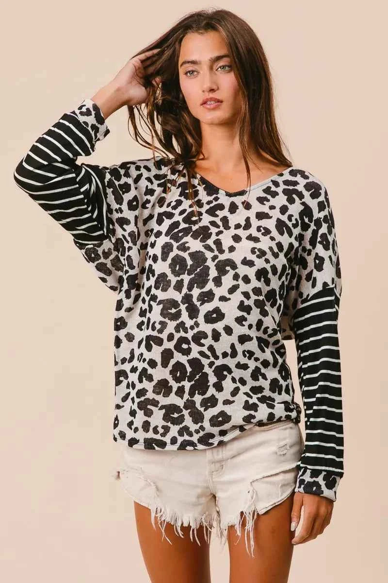 BiBi Leopard Hacci Knit Twist Back Top With Stripe Sleeve adc1ce7616d7445e869fdab8a63c4abc-Max-Origin