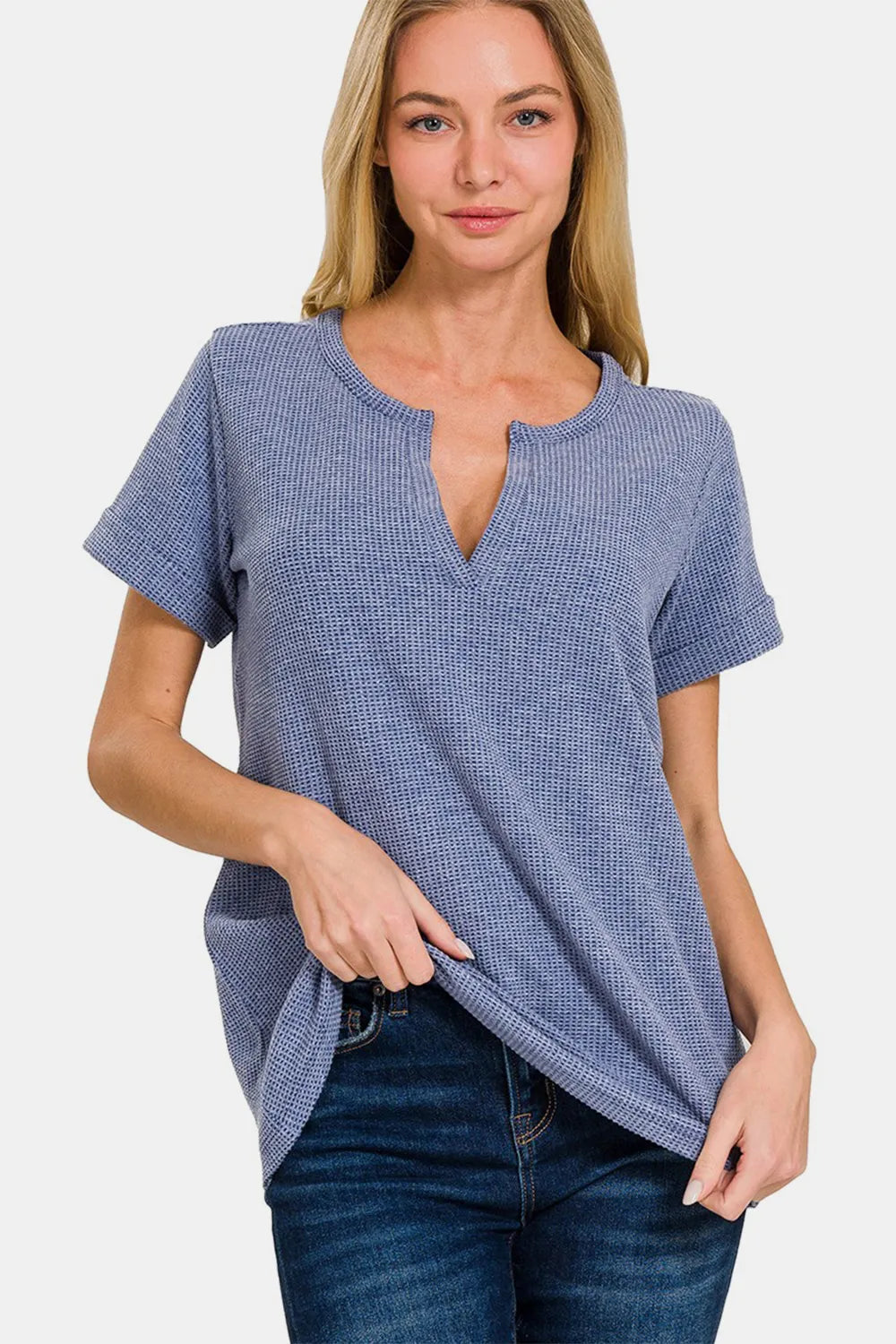 Zenana Notched Short Sleeve Waffle T-Shirt adc7883f-d72a-4c20-a93d-5ee1c872684f-Max