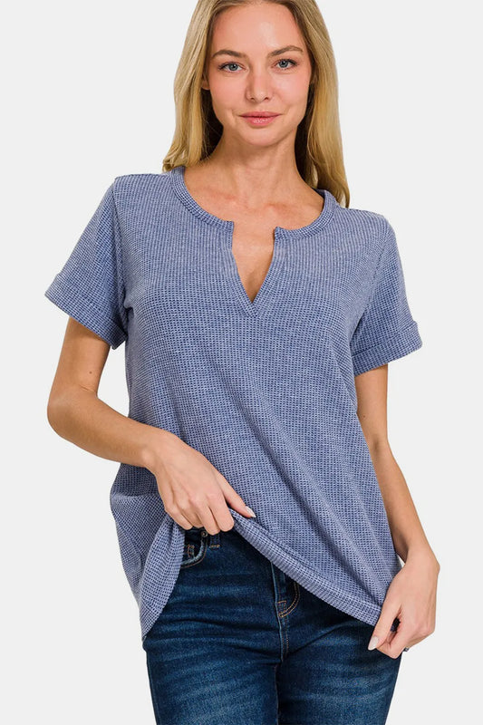 Notched Short Sleeve Waffle T-Shirt adc7883f-d72a-4c20-a93d-5ee1c872684f-Max