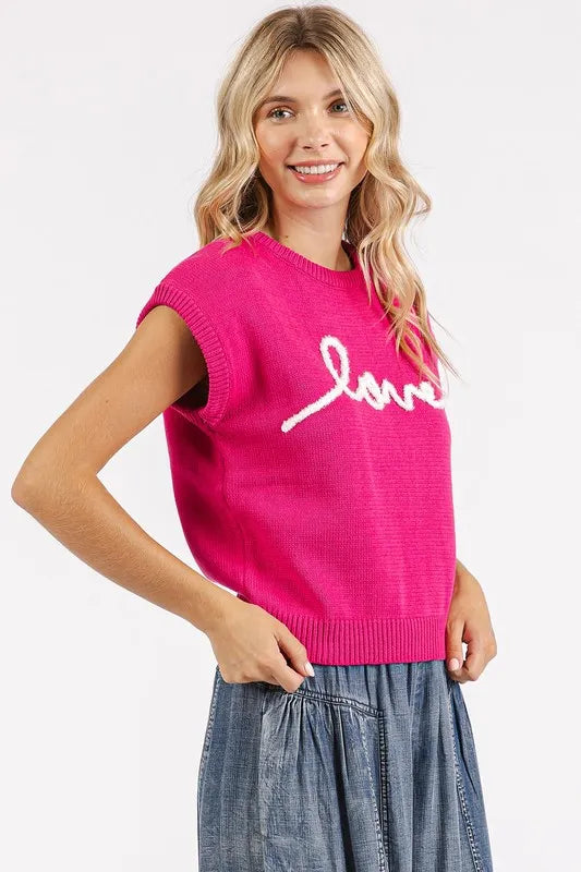 Mittoshop Contrast Letter Round Neck Cap Sleeve Knit Top adc9e13e-7662-42f4-a1d9-eee554f07735-Max