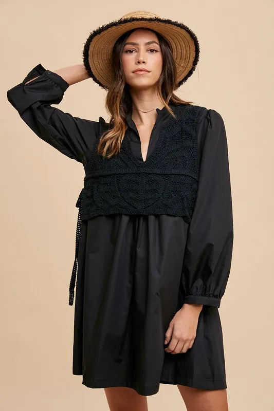 Annie Wear Crochet Vest Notched Long Sleeve Shirt Dress Black adccb8fa-b2b2-4aa3-8774-420eab36fee6-Max