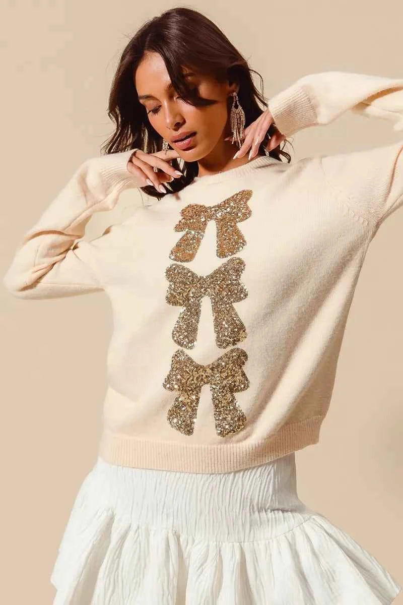 SO ME Sequins Bow Ribbon Embellished Christmas Sweater adcda7df0f5d41018fa32e69f698aa1c-Max-Origin