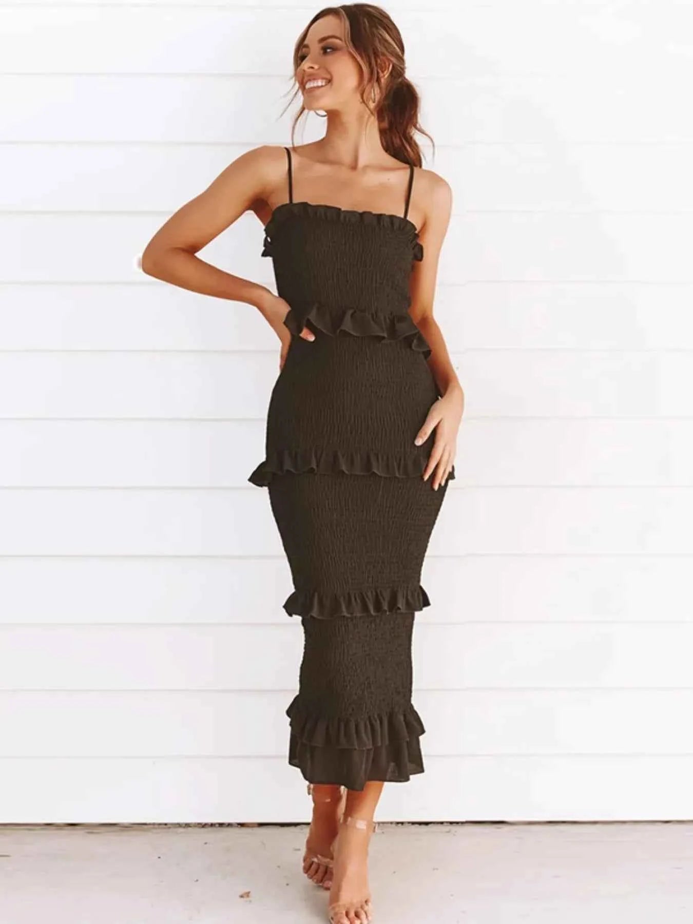 Smocked Ruffled Midi Cami Dress Black adce586e-dc92-45fc-ae81-400fc689f905-Max-Origin