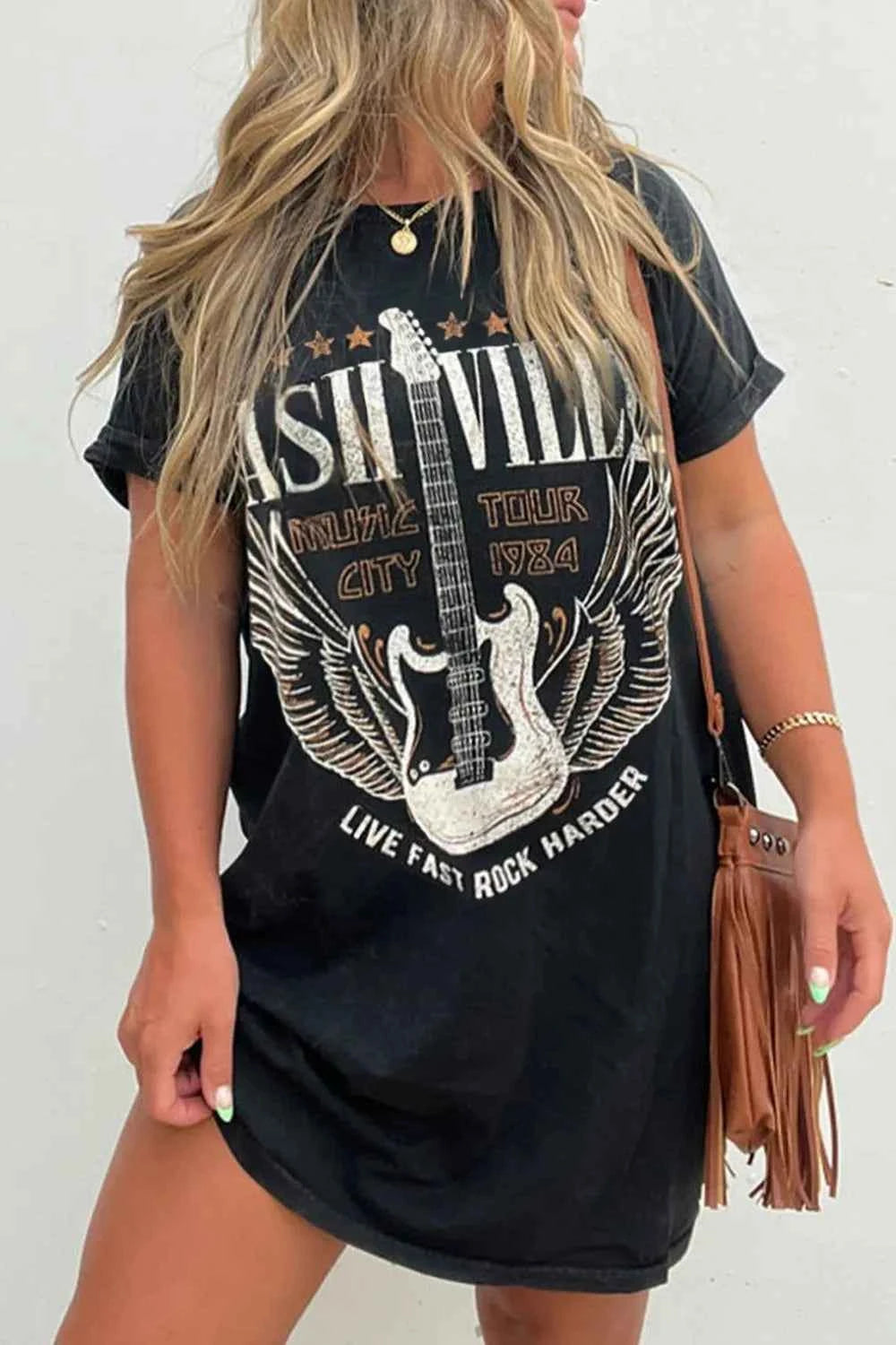 Graphic Round Neck Short Sleeve Tee Dress Black adcf7f17-228d-4a1a-b25c-764b5076f9be-Max