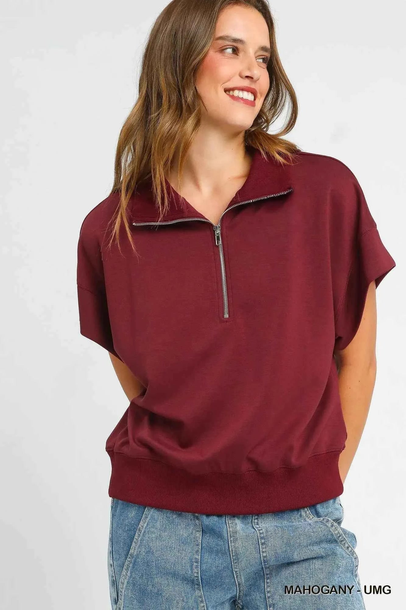 Umgee Full Size Half-Zip Short Sleeve Top Plus Size MAHOGANY add15b1d-8f31-48c0-bf8d-2ee3f203ad21-Max-Origin