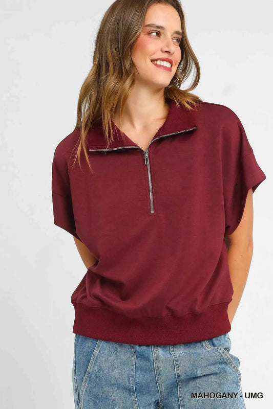 Full Size Half-Zip Short Sleeve Top Plus Size MAHOGANY add15b1d-8f31-48c0-bf8d-2ee3f203ad21-Max-Origin